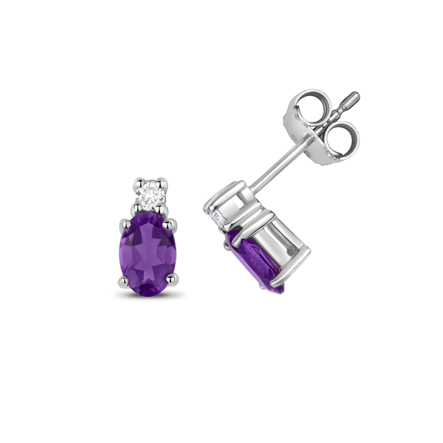 Diamond Stud Earrings 9ct Carat White/Yellow Gold 0.08 Carat with Amethyst - Picture 3 of 3