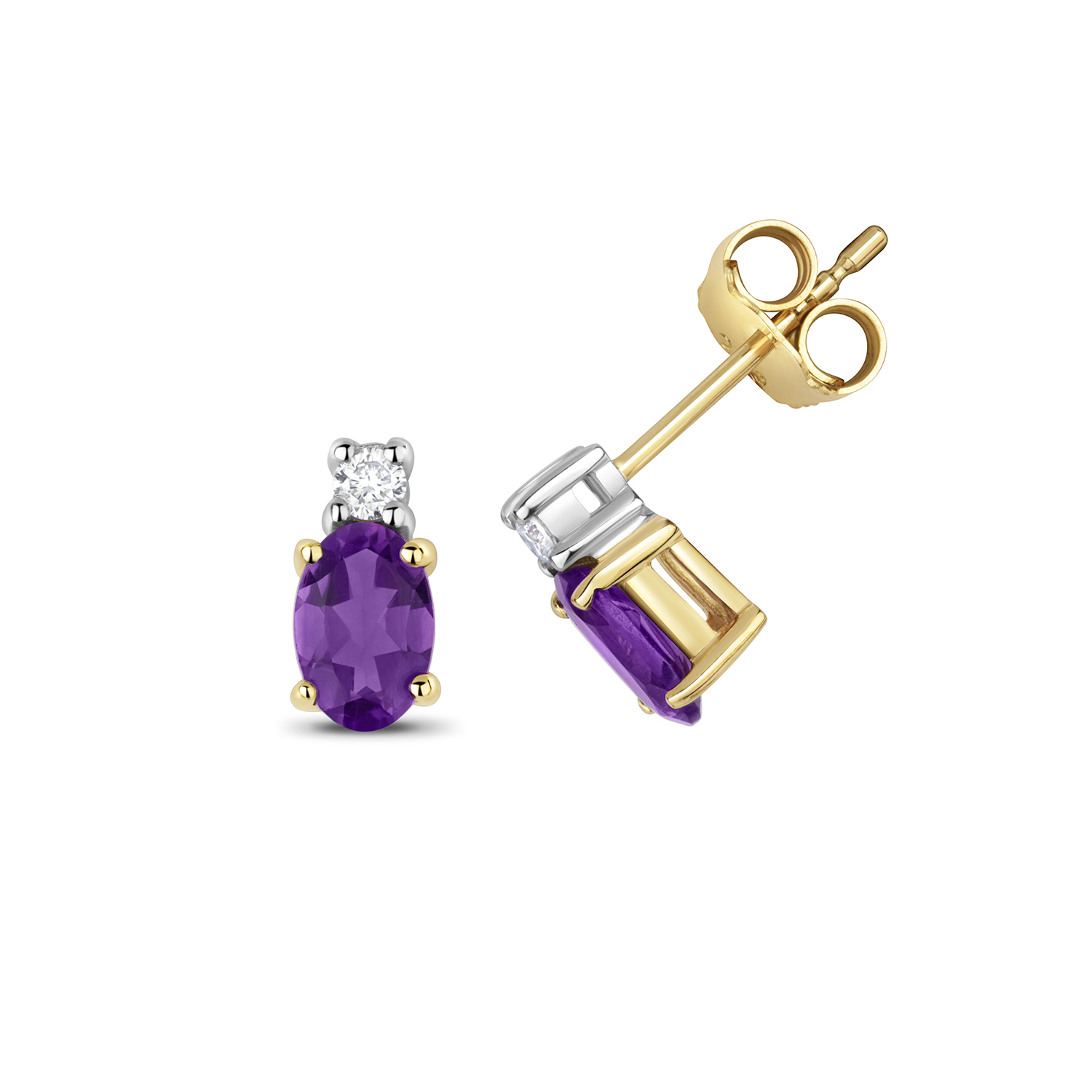 Diamond Stud Earrings 9ct Carat White/Yellow Gold 0.08 Carat with Amethyst - Picture 2 of 3