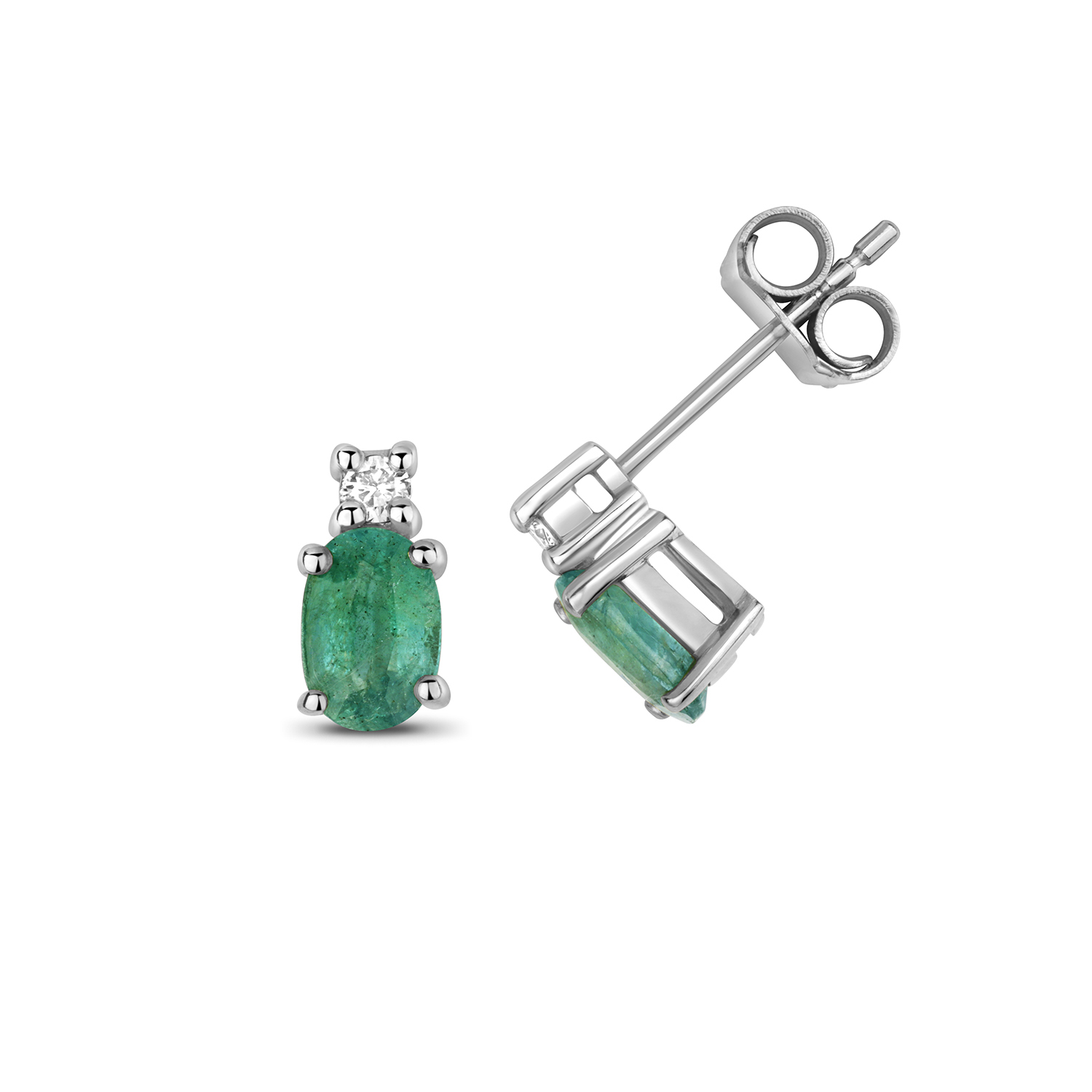 Diamond Stud Earrings 9ct Carat White/Yellow Gold Ladies 0.08 Carat with Emerald - Picture 3 of 3