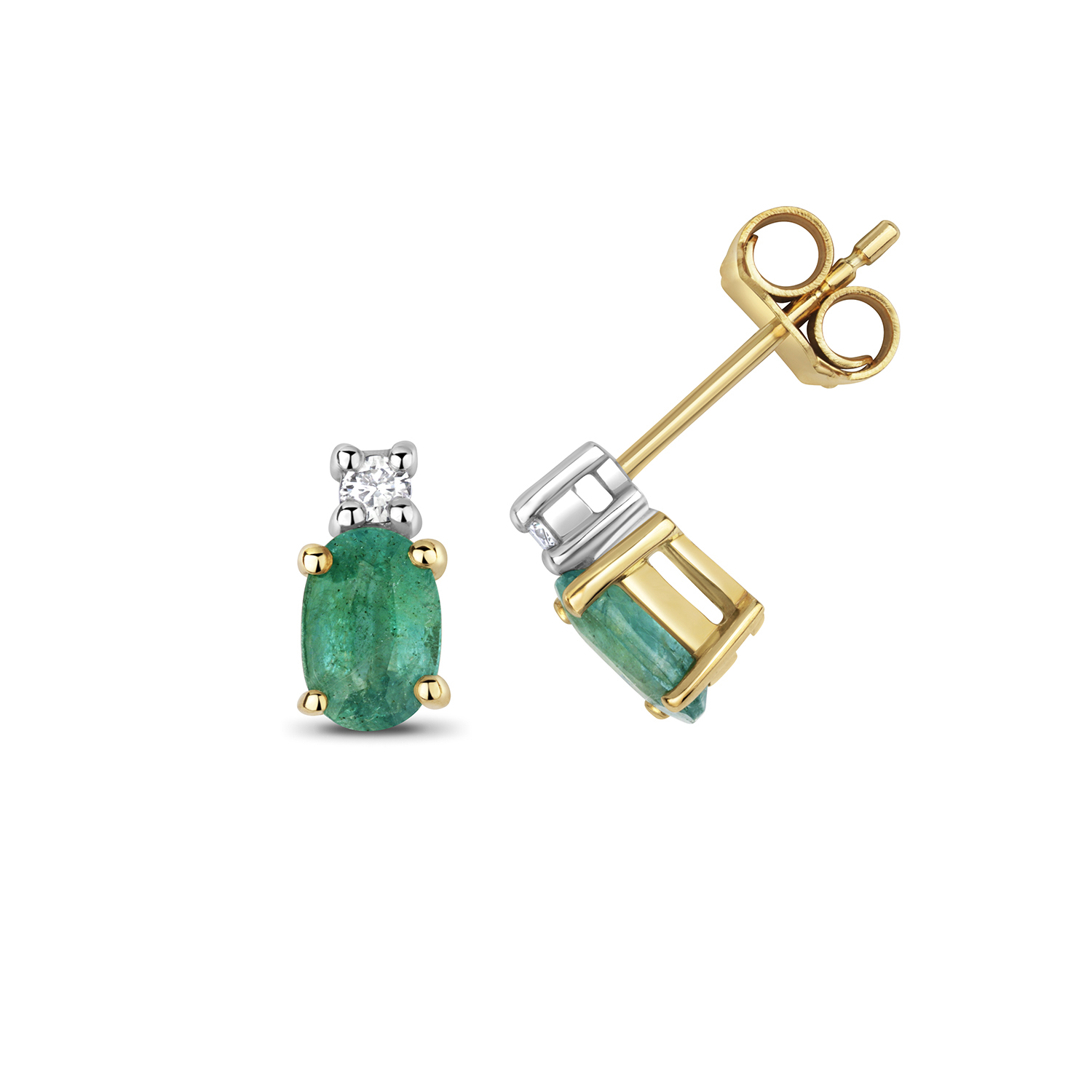 Diamond Stud Earrings 9ct Carat White/Yellow Gold Ladies 0.08 Carat with Emerald - Picture 2 of 3