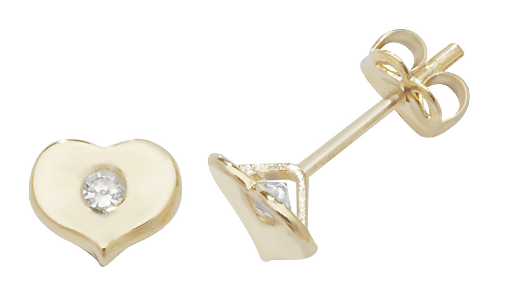 9K Gold Cubic Zirconia Heart Earrings, 9ct Solid Gold CZ Heart Shaped Studs, Gold Heart CZ Outline Earrings, CZ Stones, Valentine's hot Gift